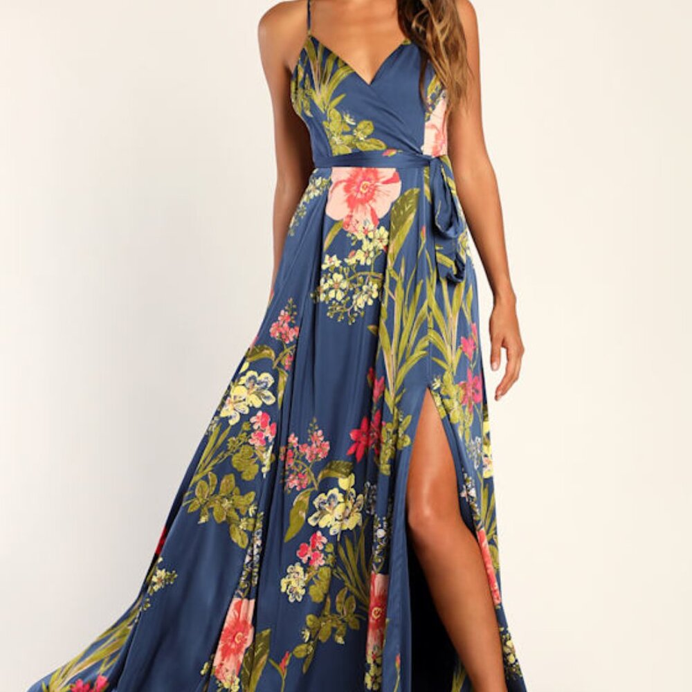 Lulus Still The One Blue Floral Print Satin Maxi Dress - Size S